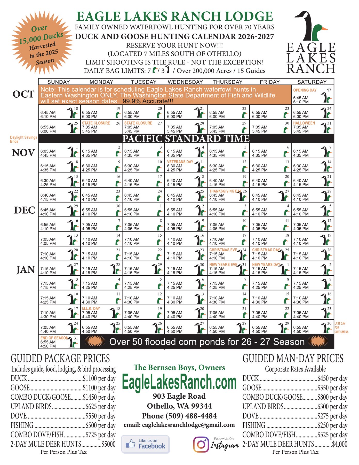 Eagle Lakes Ranch Lodge 2026-2027 duck and goose hunting calendar with daily shooting times and guided rates